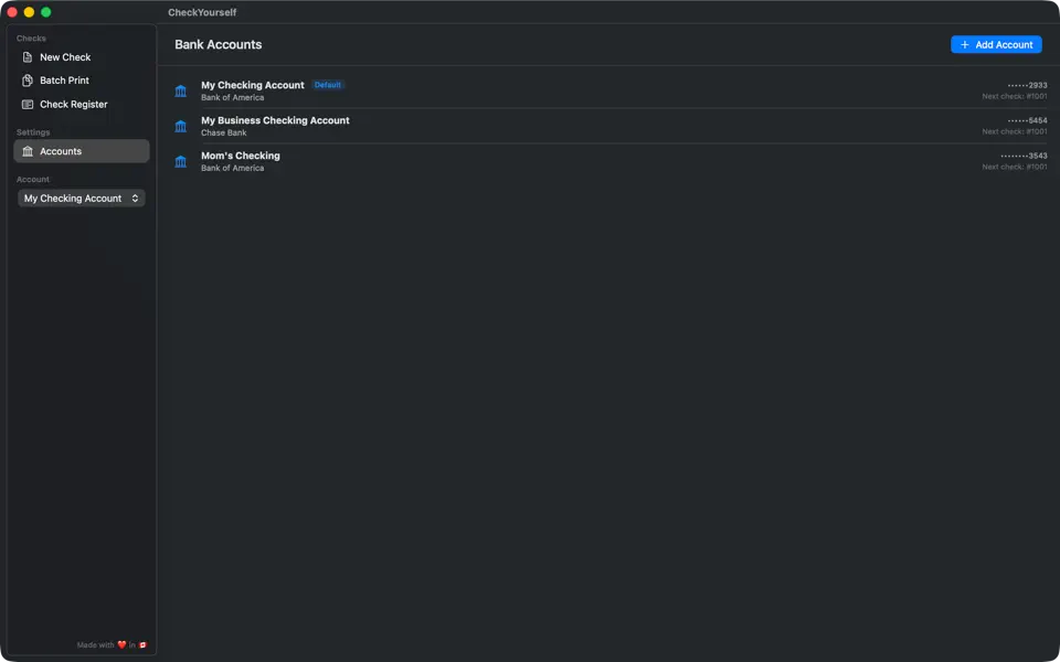 CheckYourself app — Bank Accounts list showing multiple cheque accounts