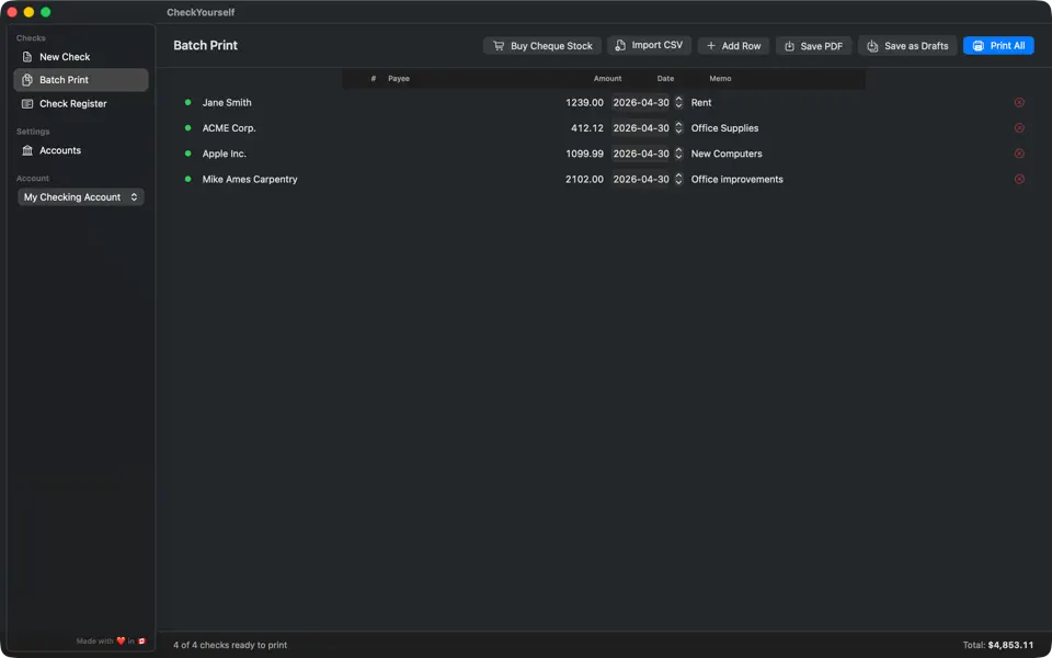 CheckYourself app — Batch Print view showing CSV-imported cheques ready to print