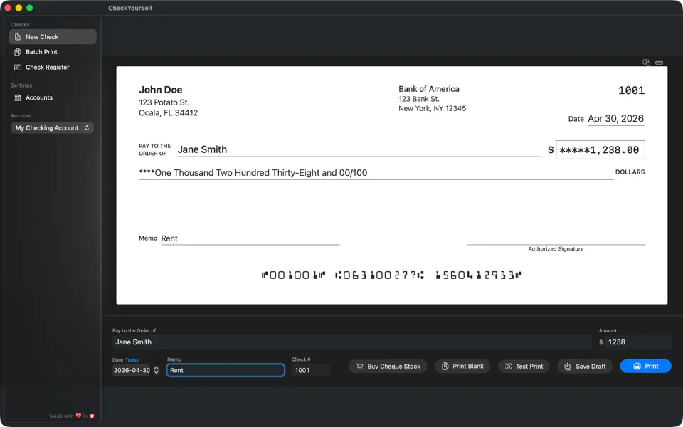 CheckYourself app showing the New Check composer with payee, amount, memo, and MICR line
